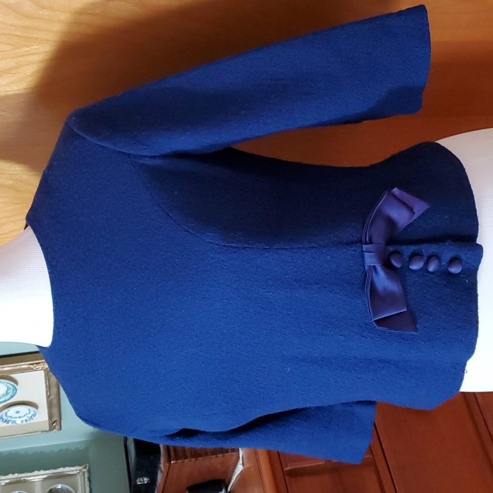 Vintage Knit Top - Navy Blue - Satin Bow and Button Detail Size S